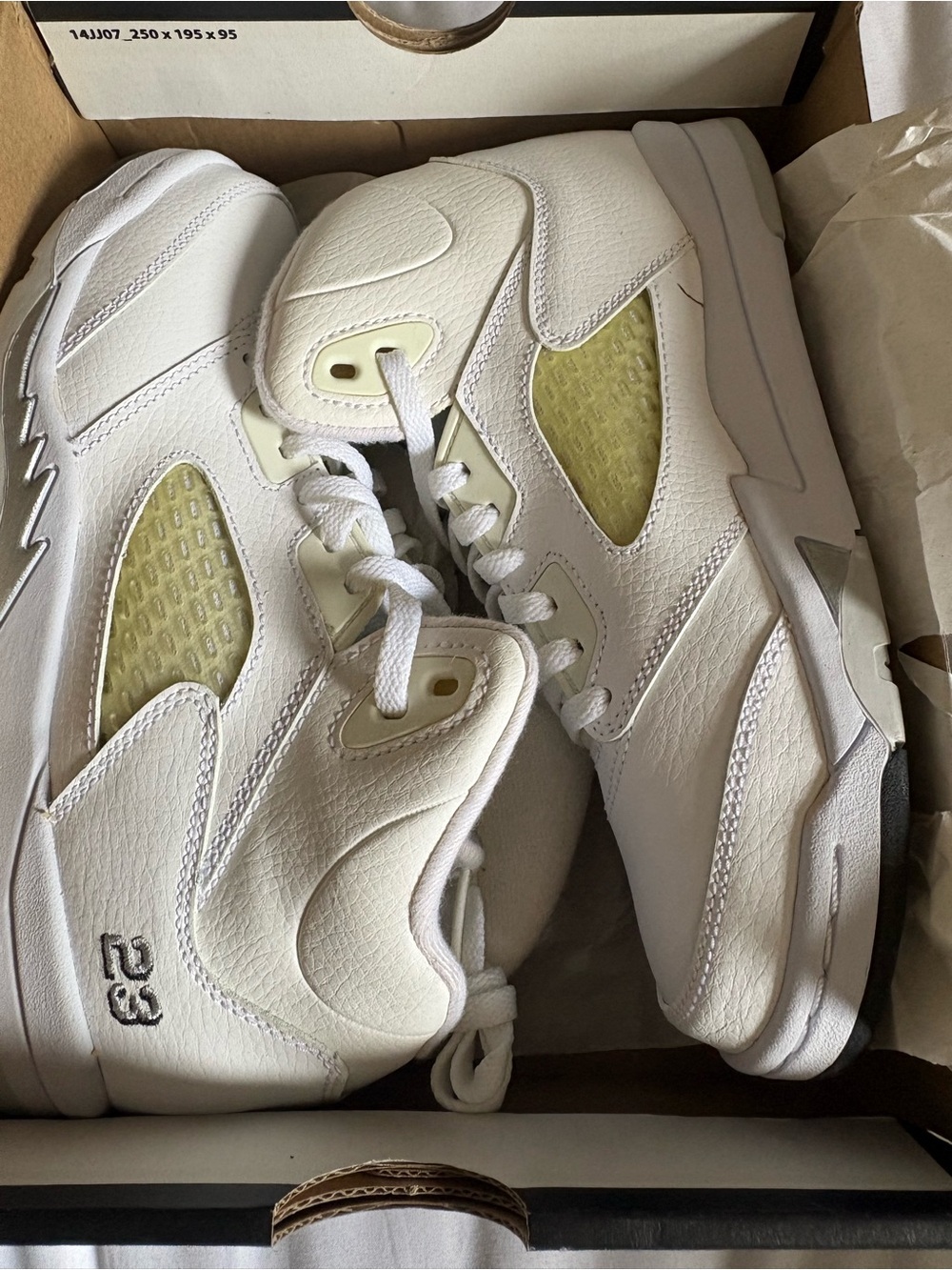 White Athletic Sneakers with Pale Yellow Mesh Accents Nike youth size 3 Jordan 5